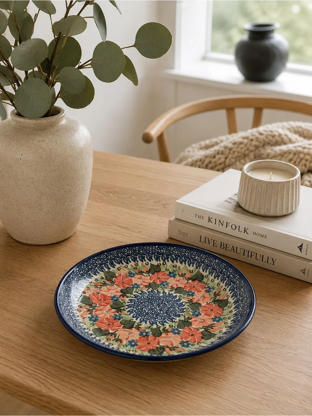 Polish Pottery Floral Dinner Plate Blue Coral Ceramika Artystyczna Handmade